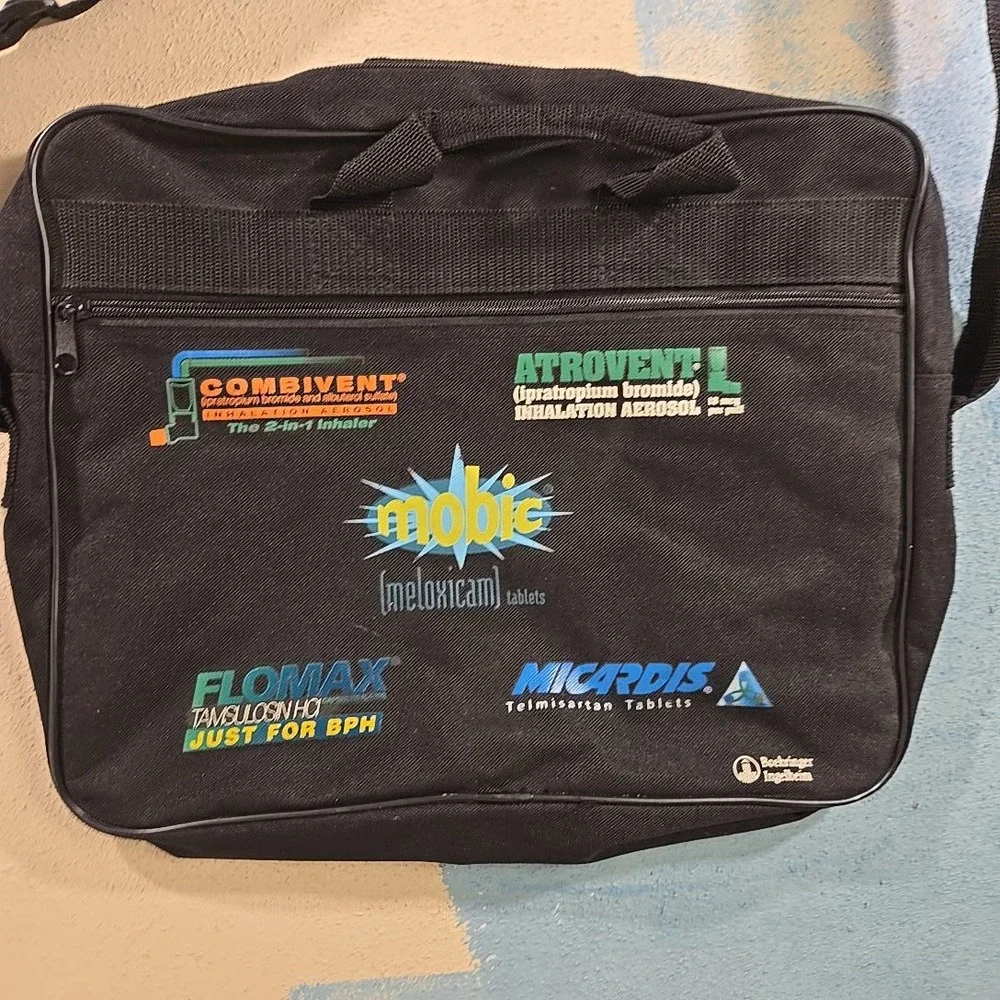 VTG Pharma Promo Messenger Tote Bag Combivent Atrovent Flomax Mobic Micardis Blk